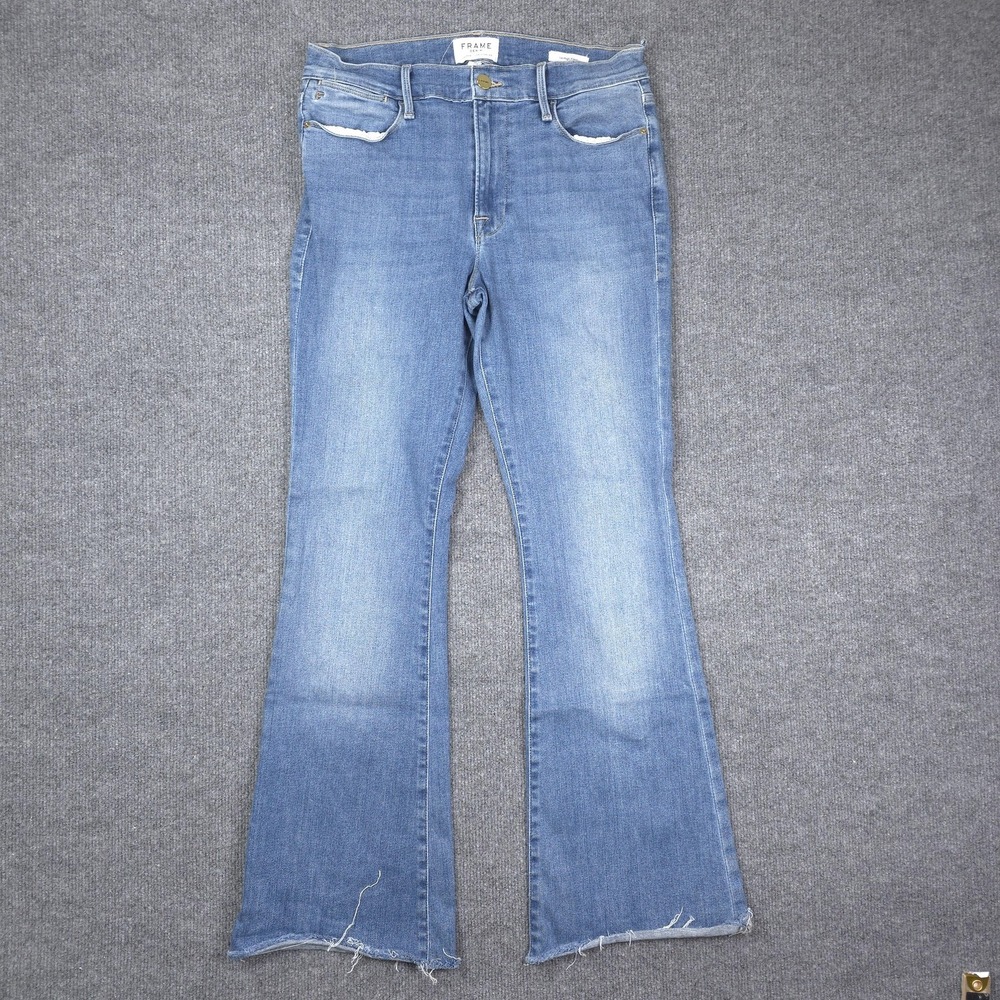 FRAME Le High Flare Jeans Womens 30 Blue Mid Rise Flare Raw Hem Stretch Denim